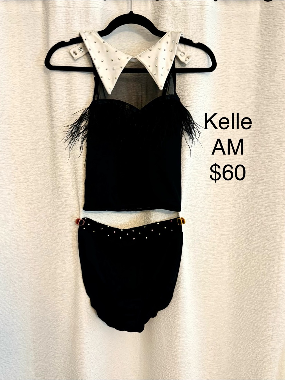 Kelle AM Black Feather-Trim Kids One-Piece with Studded White Collar